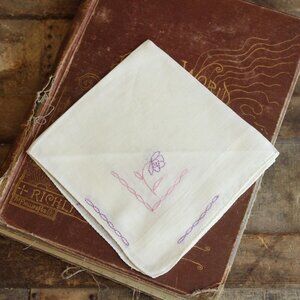 Vintage Handkerchief, Purple and Pink Flower Embroidery on White Linen Hanky